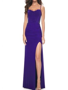 La Femme Indigo Sheer Back Long Jersey Prom Dress